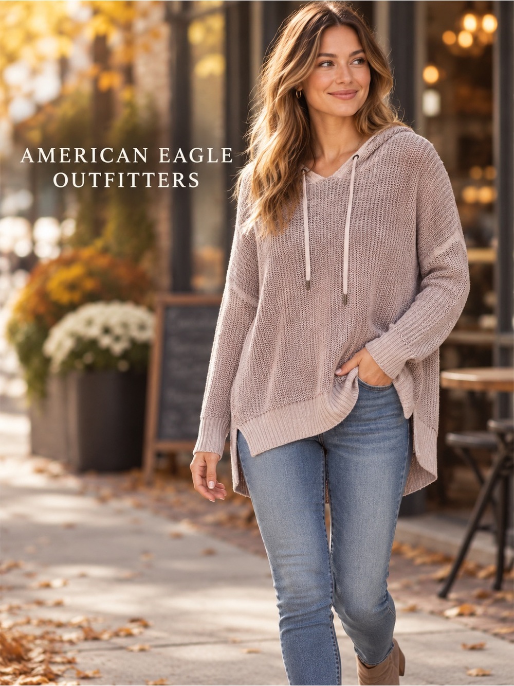 American Eagle Outfitters Women's Taupe Hooded Knit Pullover Sweater